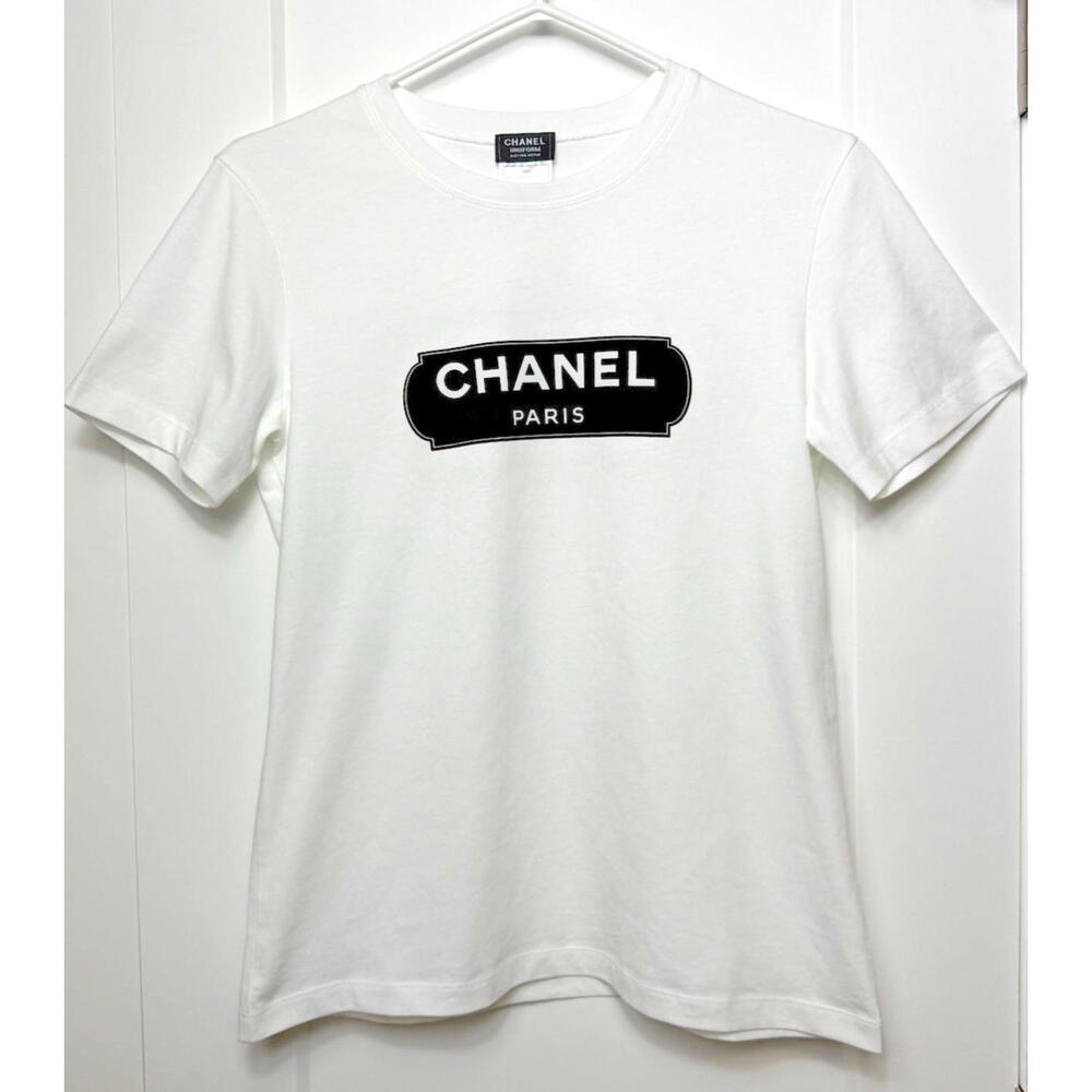 CHANEL PARIS Logo Uniform Staff T-Shirt White Cotton Sz Medium Velvet Cotton